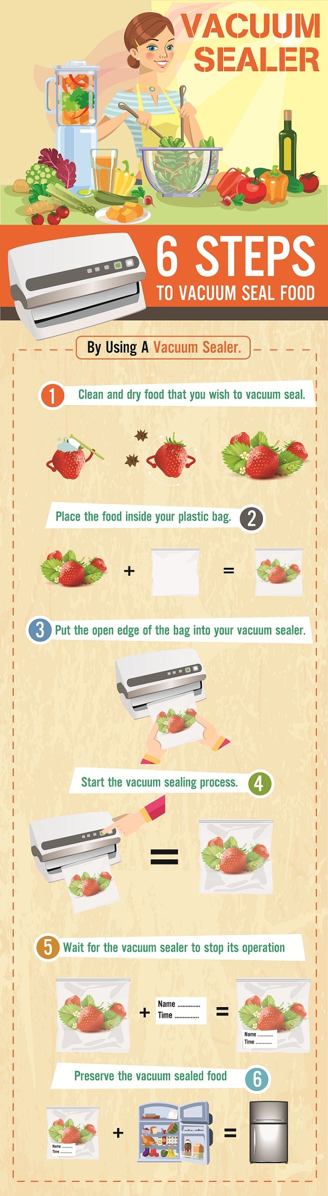 6 steps to vacuum seal food by using a vacuum sealer